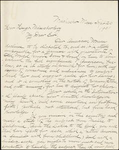 Gegner, H. M., fl. 1900 autograph letter signed to Hugo Münsterberg, Winchester, Mass., 20 September 1901