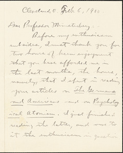 Gehring, Albert, 1870-1926 autograph letter signed to Hugo Münsterberg, Cleveland, Ohio, 6 February 1900