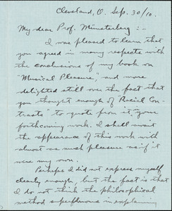 Gehring, Albert, 1870-1926 autograph letter signed to Hugo Münsterberg, Cleveland, Ohio, 30 September 1910