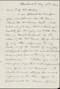 Gehring, Albert, 1870-1926 autograph letter signed to Hugo Münsterberg, Cleveland, Ohio, 2 August 1913