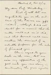 Gehring, Albert, 1870-1926 autograph letter signed to Hugo Münsterberg, Cleveland, Ohio, 7 November 1914