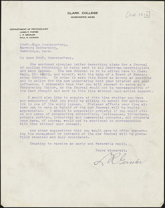 Geissler, Ludwig Reinhold, 1879-1932 typed letter signed to Hugo Münsterberg, Worcester, Mass., [October 1916]