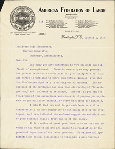 Gompers, Samuel, 1850-1924 typed letter signed to Hugo Münsterberg, Washington, 1 October 1913