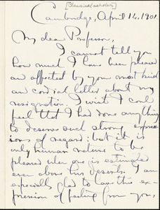 Goodwin, William Watson, 1831-1912 autograph letter signed to Hugo Münsterberg, Cambridge, Mass., 14 April 1901