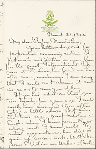 Goodwin, William Watson, 1831-1912 autograph letter signed to Hugo Münsterberg, Palm Beach, Fla., 21 March 1903