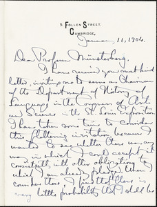 Goodwin, William Watson, 1831-1912 autograph letter signed to Hugo Münsterberg, Cambridge, Mass., 11 January 1904