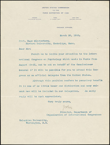 Gore, James Howard, 1856-1939 typed letter signed to Hugo Münsterberg, Washington, 26 March 1900