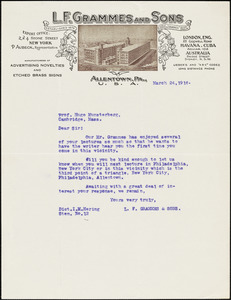 Grammes, L. F. & Sons, Allentown, Pa. typed letter signed to Hugo Münsterberg, Allentown, Pa., 24 March 1916