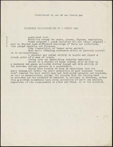 Green, M. S., fl. 1911 typed document: Desirable qualifications of a credit man, Chicago, 19 January 1912