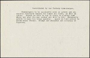 Green, M. S., fl. 1911 typed document: [Qualifications for Factory time-keeper], [Chicago, 19 January 1912