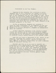 Green, M. S., fl. 1911 typed document: [Qualifications for Chemists], [Chicago, 19 January 1912]