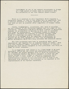 Green, M. S., fl. 1911 typed document: [Qualifications for Factory Accountants], [Chicago, 19 January 1912]