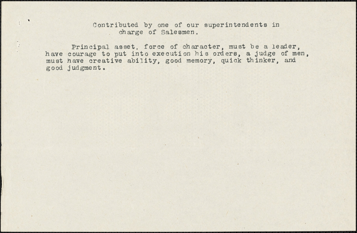 Green, M. S., fl. 1911 typed document: [Qualifications for Salesman] , [Chicago, 19 January 1912
