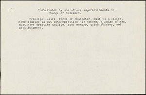 Green, M. S., fl. 1911 typed document: [Qualifications for Salesman] , [Chicago, 19 January 1912