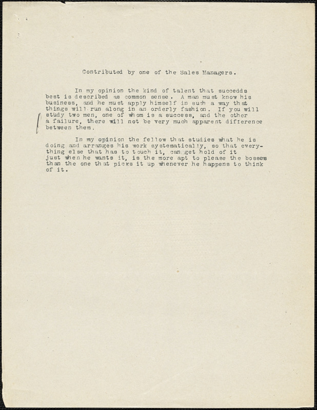 Green, M. S., fl. 1911 typed document: [Qualifications for Salesman], Chicago, 19 January 1912