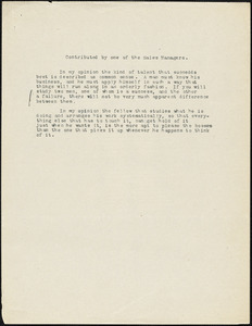 Green, M. S., fl. 1911 typed document: [Qualifications for Salesman], Chicago, 19 January 1912