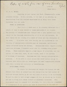Green, M. S., fl. 1911 typed document: [Qualifications for Purchasing Agent], Chicago, 19 January 1912