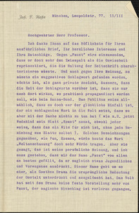 Hahn, Johann F., fl.1911 autograph letter signed to Hugo Münsterberg, Munich, March 1911