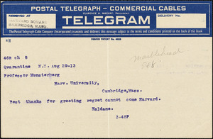 Haldane, R. B. Haldane (Richard Burdon Haldane), Viscount, 1856-1928 telegram to Hugo Münsterberg, New York, 29 August 1913