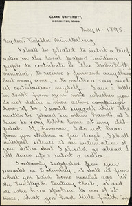 Hall, Granville Stanley, 1844-1924 manuscript letter signed to Hugo Münsterberg, Worcester, Mass., 4 May 1895