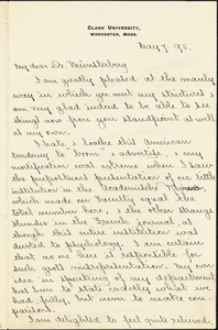 Hall, Granville Stanley, 1844-1924 manuscript letter signed to Hugo Münsterberg, Worcester, Mass., 7 May 1895