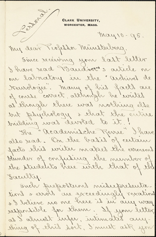Hall, Granville Stanley, 1844-1924 manuscript letter signed to Hugo Münsterberg, Worcester, Mass., 10 May 1895