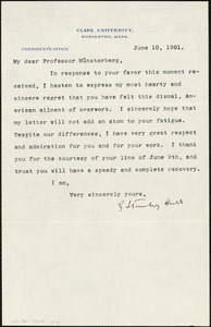 Hall, Granville Stanley, 1844-1924 typed letter signed to Hugo Münsterberg, Worcester, Mass., 10 June 1901