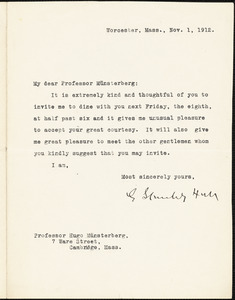 Hall, Granville Stanley, 1844-1924 typed letter signed to Hugo Münsterberg, Worcester, Mass., 1 November 1912