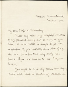 Hall, Granville Stanley, 1844-1924 manuscript letter signed to Hugo Münsterberg, Worcester, Mass., 11 November 1912