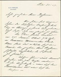 Halle, E. G., fl.1907. autograph letter signed to Hugo Münsterberg, Chicago, 30 December 1907