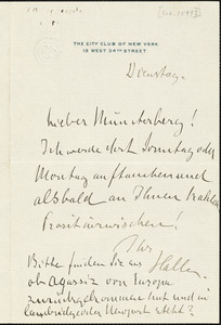 Halle, Ernst von, 1868-1909 autograph note signed to Hugo Münsterberg, New York, [December 1899?]
