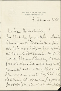 Halle, Ernst von, 1868-1909 autograph letter signed to Hugo Münsterberg, New York, 4 January 1900