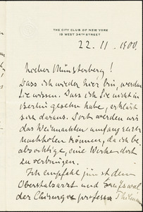 Halle, Ernst von, 1868-1909 autograph letter signed to Hugo Münsterberg, New York, 22 November 1900