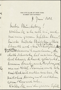 Halle, Ernst von, 1868-1909 autograph letter signed to Hugo Münsterberg, New York, 7 June 1901
