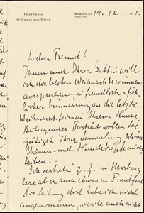 Halle, Ernst von, 1868-1909 autograph letter signed to Hugo Münsterberg, Marburg, Ger., 14 December 1901