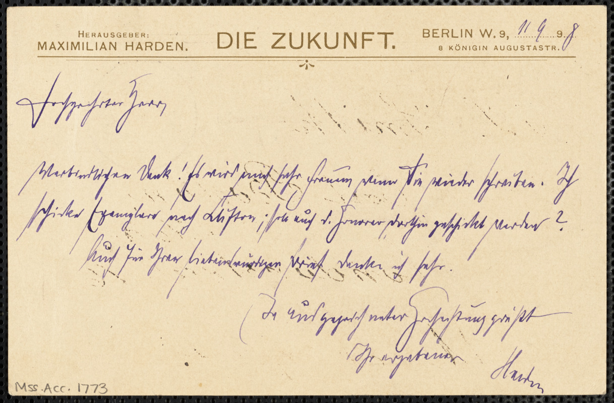 Harden, Maximilian, 1861-1927 autograph note signed to Hugo Münsterberg, Berlin, 11 September 1898