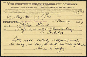 Harper, William Rainey, 1856-1906 telegram to Hugo Münsterberg, Chicago, 27 November 1889