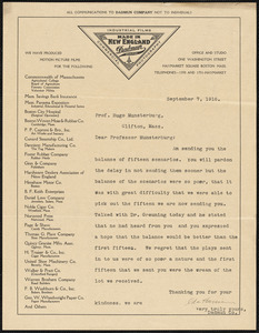 Harrison, Ida, fl.1916 typed letter signed to Hugo Münsterberg, Boston, 7 September 1916