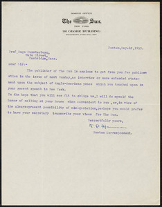 Harrison, Thomas Perrin, 1864-1949 typed letter signed to Hugo Münsterberg, Boston, 12 May 1913