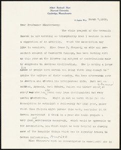 Hart, Albert Bushnell, 1854-1943 typed letter signed to Hugo Münsterberg, Cambridge, Mass., 7 March 1902