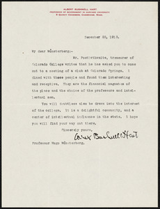 Hart, Albert Bushnell, 1854-1943 typed letter signed to Hugo Münsterberg, Cambridge, Mass., 22 December 1913