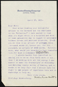 Hartt, Rollin Lynde, 1869-1946 typed letter signed to Hugo Münsterberg, Boston, 27 April 1901