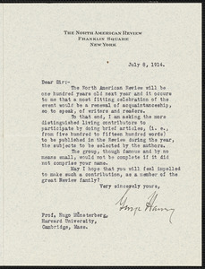 Harvey, George Brinton McClellan, 1864-1928 typed letter signed to Hugo Münsterberg, New York, 8 July 1914