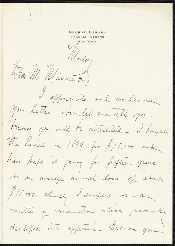 Harvey, George Brinton McClellan, 1864-1928 autograph letter signed to Hugo Münsterberg, New York, [1914]