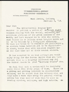 Haworth, Paul Leland, 1876-1936 typed letter signed to Hugo Münsterberg, West Newton, Ind., 05 February 1913