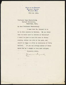 Hazard, Caroline, 1856-1945 typed letter signed to Hugo Münsterberg, Wellesley, Mass., 22 July 1904