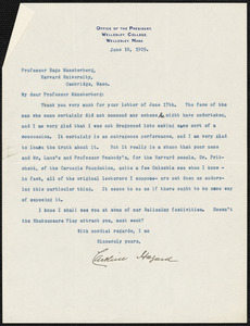 Hazard, Caroline, 1856-1945 typed letter signed to Hugo Münsterberg, Wellesley, Mass., 18 June 1909