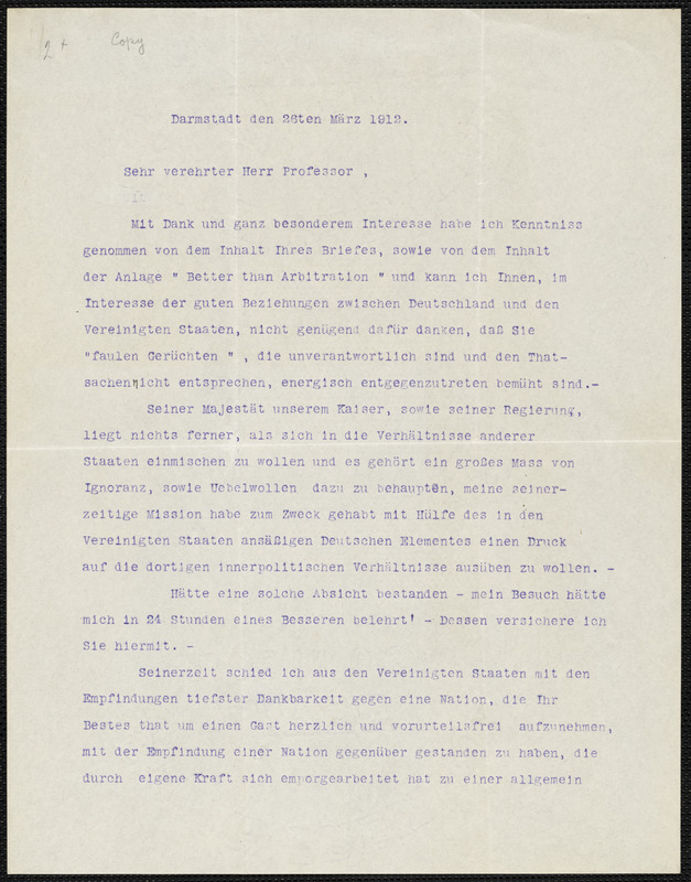 Heinrich, Prince of Prussia, 1862-1929 typed letter to Hugo Münsterberg, Darmstadt, Ger., 26 March 1912