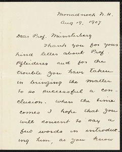 Henderson, Ernest F. (Ernest Flagg), 1861-1928 autograph letter signed to Hugo Münsterberg, Monadnoch, N.H., 19 August 1907