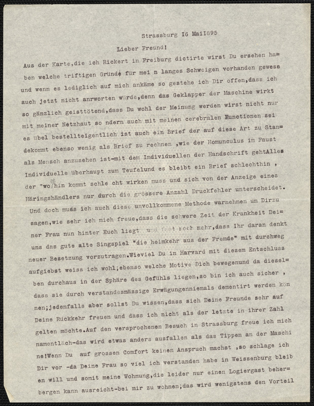 Hensel, Paul, 1860-1930 typed letter to Hugo Münsterberg, Strassburg, 16 May 1895
